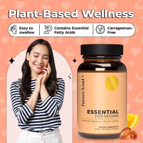 Future Kind Vegan Multivitamins - Glass Bottle & Made for Vegans w/Omega 3 DHA+EPA, Vitamin B12 & D3 - Vegan Vitamin for Energy, Focus, & Mood - Vegan Vitamins for Women & Men, 60 Tiny Softgels