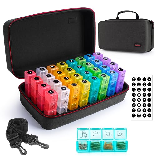 Bjabtan Monthly Pill Organizer 4 Times a Day, 30 Day Month Pill Box Organizer with Large Hardshell Travel Case, Monthly Medicine Box with 32 Daily Compartments for Vitamin, Fish Oil and Medication