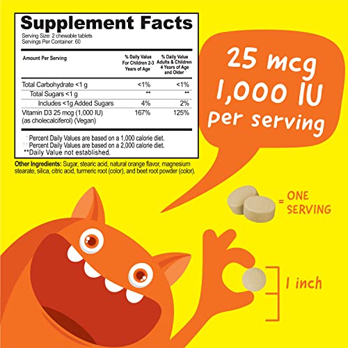 VitaWorks Kids Vitamin D 1000 IU Chewable Tablets - Tasty Natural Orange Flavor - Vegan, GMO-Free, Gluten Free, Nut Free Vitamins - Dietary Supplement for Immune Support - for Children - 120 Chewables