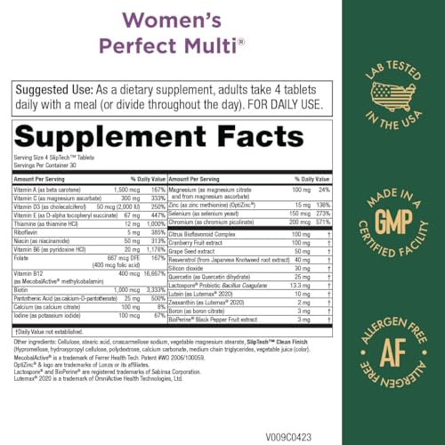 Purity Products Women’s Perfect Multi Balanced Multivitamin - Supports Urinary Tract Health, Immune, Bone + Muscle, Hair, Skin, Nails, an Elite Probiotic for Digestive Health + More - 120 Tablets