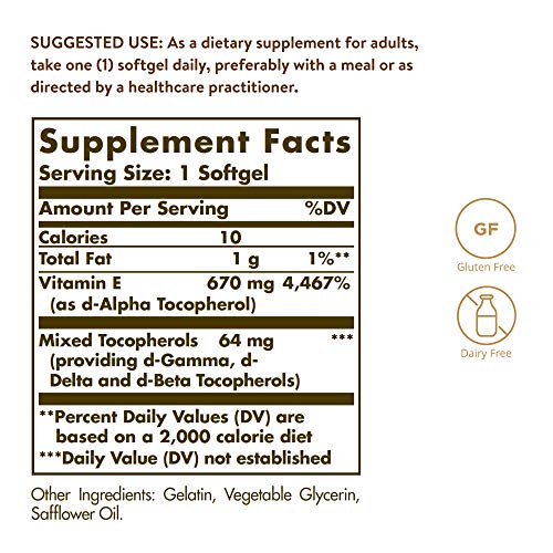 Solgar Vitamin E 670 mg (1000 IU), 100 Softgels - Natural Antioxidant, Skin & Immune System Support - Naturally-Sourced Vitamin E - Gluten Free, Dairy Free - 180 Servings