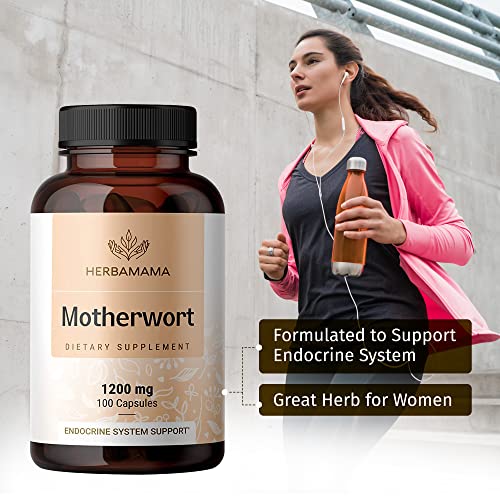 HERBAMAMA Motherwort Capsules - Organic Motherwort Herb Pills - Vegan Supplement - 1200 mg - 100 Caps