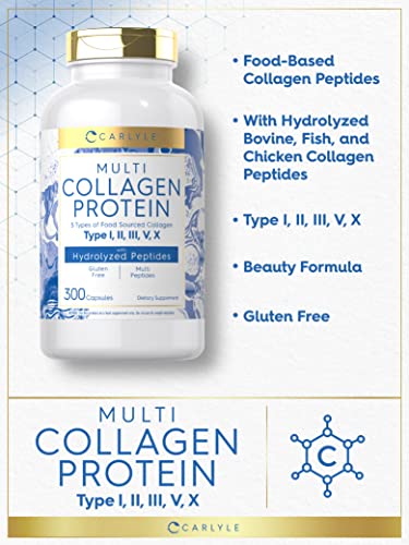 Carlyle Multi Collagen Protein 2000mg | 300 Capsules | Type I, II, III, V, X | Collagen Peptide Pills | Keto & Paleo Friendly, Gluten Free Supplement