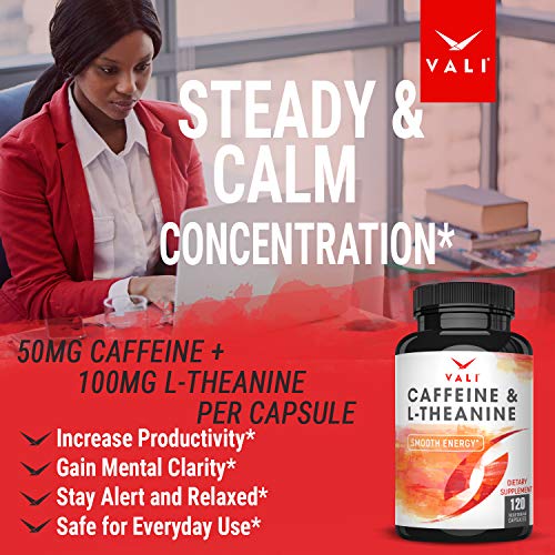 VALI Caffeine 50mg & L Theanine 100mg - Caffeine Pills & L-Theanine for Smart Smooth Energy & Focus Supplement. Nootropic Brain Booster Cognitive Support Stack & Focused Clarity. 120 Veggie Capsules