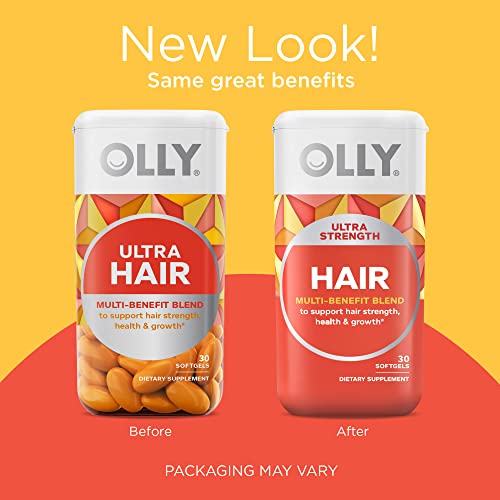 OLLY Ultra Strength Hair Softgels, Supports Hair Health, Biotin, Keratin, Vitamin D, B12, Hair Supplement, 30 Day Supply - 30 Count (Packaging May Vary)