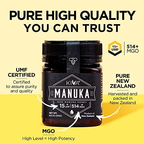 Kiva Raw Manuka Honey, Certified UMF 15+ | MGO 514+ | 100% Pure Genuine New Zealand (8.8oz/250g Bottle) | Non-GMO | No Antibiotics | Traceable | UMF & MGO Certified