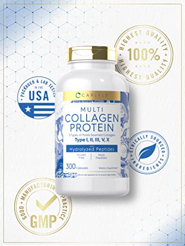 Carlyle Multi Collagen Protein 2000mg | 300 Capsules | Type I, II, III, V, X | Collagen Peptide Pills | Keto & Paleo Friendly, Gluten Free Supplement