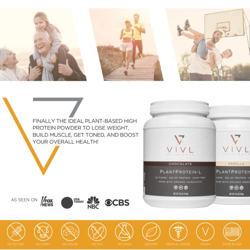 VIVL Nutrients Plant Protein-L Powder Chocolate, Vegan, Organic, No Dairy, No Sugar, No Gluten, Keto, Low Carb, Clean Ingredients, Low Fodmap, for Men & Women, 25g, 30 Servings, 36oz