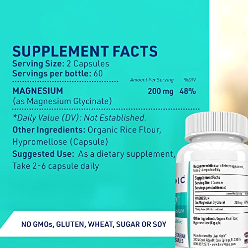 Relaxity Mg Magnesium Supplement, Non-GMO Joint Support Supplement with Magnesium Glycinate, Magnesium Pills for Heart, Nerve, Muscle, and Joint Support, 120 Vegetarian Capsules - Liver Medic