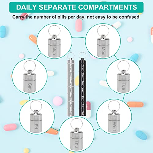 Small Portable Pill Case Keychain for Travel, AngleKai 2 Pack Pill Organizer Aluminium Alloy Small Pill Box Waterproof Pill Container Medicine Bottle Organizer Weekly (Black and Silver)