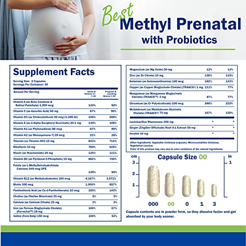 Power By Naturals Methyl Prenatal Vitamins with Probiotics, Methylfolate, B12, Iron & Ginger - 27+ Nutrients for a Healthy Pregnancy - 60 Capsules