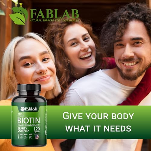 FabLab Biotin Vitamins with Collagen, Keratin & Saw Palmetto for Women and Men - Biotin 10000 mcg Hair Skin Nails Supplement for Hair, Skin, and Nails Wellness - Made in USA, 120 Capsules