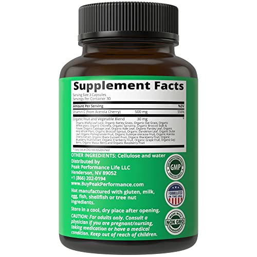 Peak Performance Raw Whole Food Natural Vitamin C Capsules from Acerola Cherry for Max Absorption. Vegan USA Sourced Vitamin C Supplement 90 Pills. 500 mg Serving or 2 Servings 1000mg