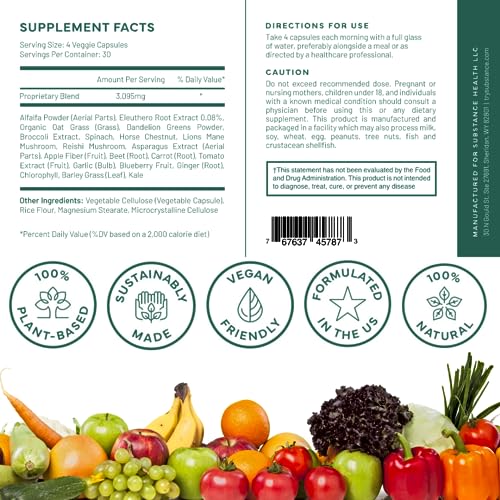 SUBSTANCE. - Nature's Sustenance Daily Greens, Fruits & Veggies Supplement - Superfood Vitamin Capsules - Enhance Energy, Mental Clarity, & Overall Wellness - US Made, Vegan-Friendly - 120 Capsules