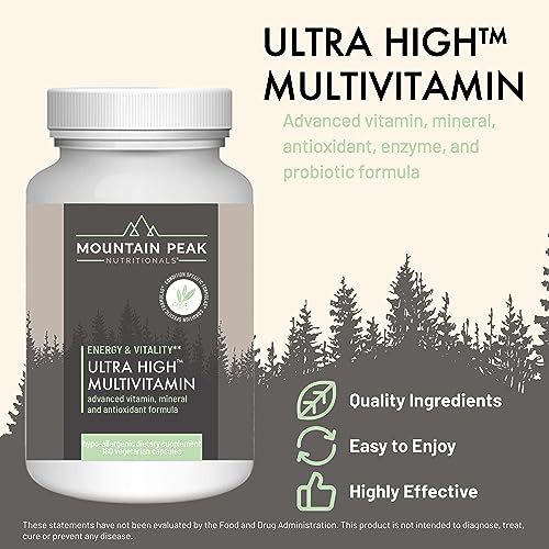 Mountain Peak Nutritionals Ultra High Multivitamin - Helps Support Well Being - Complete w/Vitamin A, Vitamin B12 & Probiotic Formula - Hypoallergenic Dietary Supplement (180 Vegetarian Capsules)