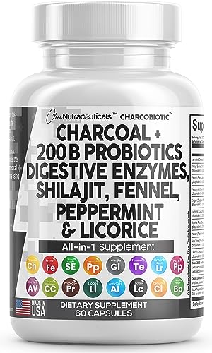 Clean Nutra Activated Charcoal Capsules 1000mg Shilajit 5000mg Pills Probiotic 200 Billion + Digestive Enzymes for Digestive Health with Peppermint Fennel Licorice Papain Ginger Turmeric | Gut Health