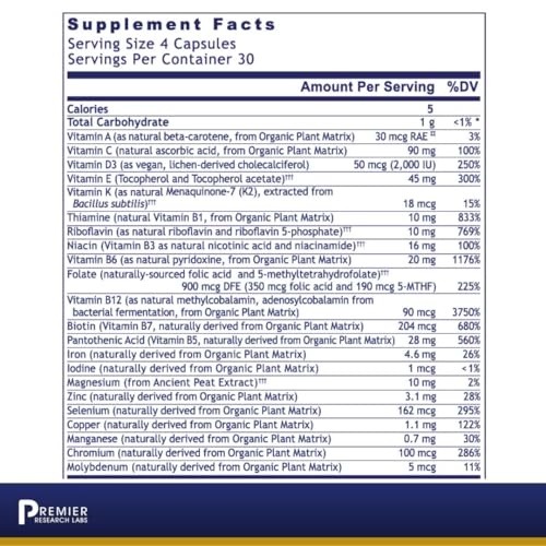 Premier Research Labs Multi-Vitamin - Multivitamins for Immune System, Brain & Cardiovascular Support - with Prebiotics & Postbiotics - Vegan - Gluten & Soy Free - 120 Plant-Source Capsules