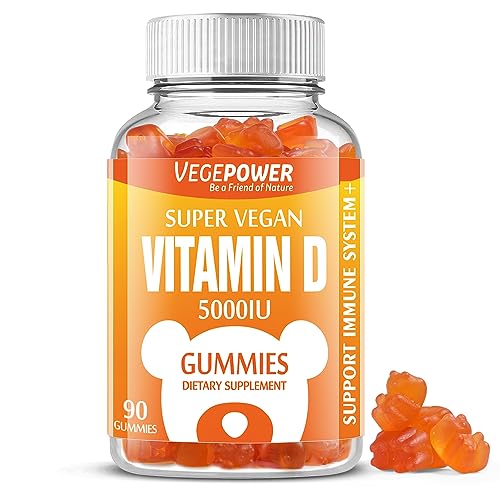 VEGEPOWER Vegan Vitamin D3 Gummies 5000 IU (125mcg) - 90 Count | for Immune Support, Bone Health, Energy Levels Boost, Non-GMO, Gluten Free, Vitamin D Supplement for Adults & Kids (Strawberry)