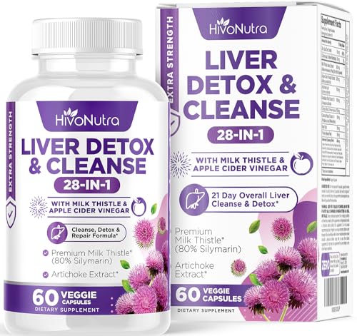 HivoNutra 28-in-1 Liver Cleanse Detox & Repair Fatty Liver Formula - Milk Thistle Silymarin, Artichoke Extract Dandelion & Apple Cider Vinegar - Liver Health Supplement Support Pills - Vegan Capsules