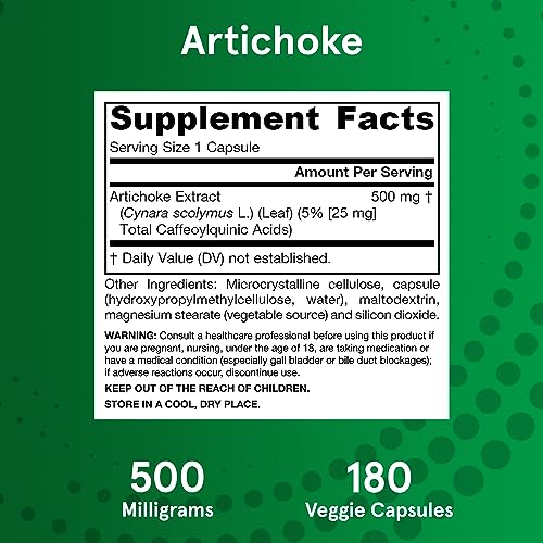 Jarrow Formulas Artichoke 500 mg, Dietary Supplement for Liver Health and Digestion Support, 180 Veggie Capsules, 180 Day Supply