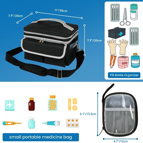 LEIKOLL Medicine Storage Bag, Pill Bottle Organizer with Shoulder Strap, Travel Medicine Organizer Box, First Aid Kit with Portable Small Bag, Medication Bottle Organizer Empty Black