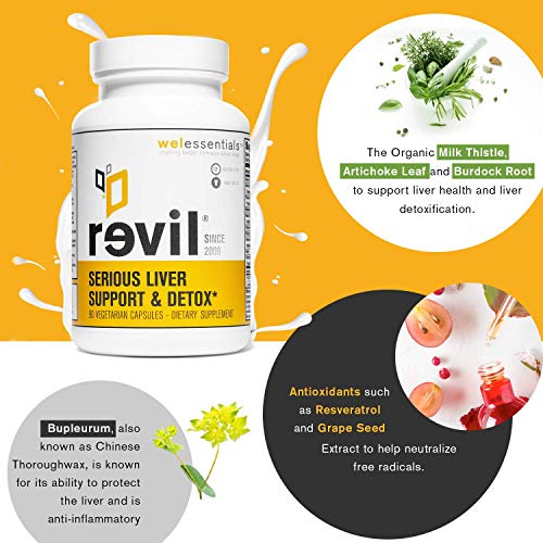 WELESSENTIALS Liver and Herbal Support - 90 Vegetarian Capsules - Revil Dietary Supplement with Organic Milk Thistle, Burdock Vitamin C - Gluten-Free