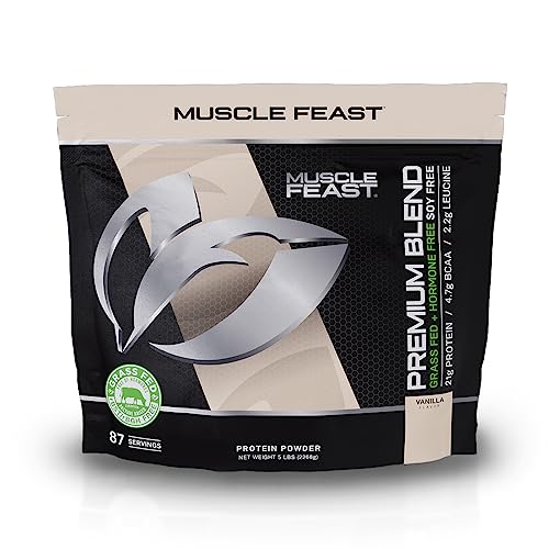 MUSCLE FEAST Grass Fed Premium Blend Whey Protein, Hydrolyzed Whey, Isolate, Micellar Casein, Kosher Certified, 21g Protein, 100 Calories (Vanilla, 5lb)