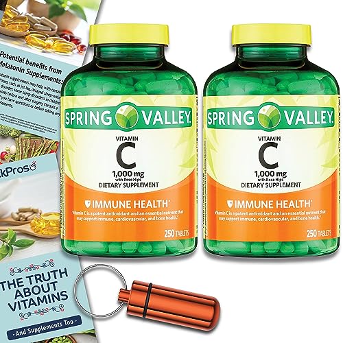 Spring Valley Vitamin C with Rose Hips Tablets Dietary Supplement, 1,000 mg, 250 Count 2 Pack Bundle (500 Total) - Includes Vitamin Guide and Pill Container (4 Items)!