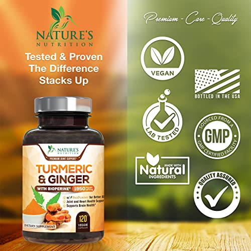 Turmeric Curcumin with BioPerine & Ginger 95% Standardized Curcuminoids 1950mg - Black Pepper for Max Absorption, Natural Joint Support, Natures Tumeric Extract Supplement Non-GMO - 120 Capsules