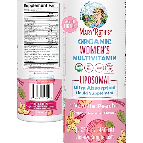 MaryRuth's | USDA Organic Liquid Multivitamins for Women | Liposomal Womens Multivitamin for Immune Support | Vanilla Peach | Sugar-Free, Vegan | 15.22 Fl Oz