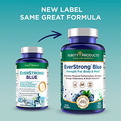 Purity Products EverStrong Blue Strength Building + Brain Boosting w/Muscle Matrix Blend ft. Creatine Monohydrate + More, PurityBlue Organic Blueberry Complex, 1000 IU Vitamin D3-90 Tablets