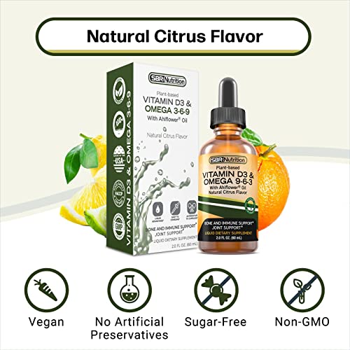 SBR Nutrition Plant-Based Vitamin D3 and Omega 3-6-9 Liquid Dietary Supplement with Ahiflower Oil, Bone, Immune, Inflammation Support, Natural Orange Citrus Flavor, 2oz (60mL), 30 Servings