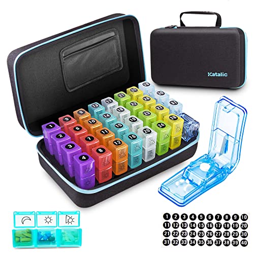 Monthly Pill Organizer, Katalic Pill Organizer 3 Times a Day with Pill Cutter and 31 Daily Compartments, 31 Day Pill Organizer, with Portable Hard Shell Travel Pill Box Organizer