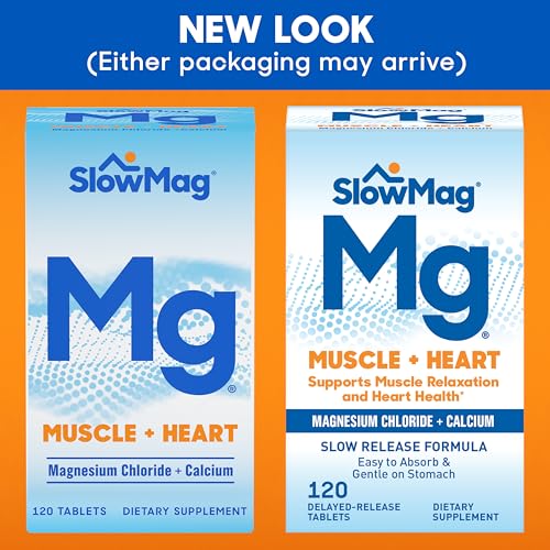 SlowMag Muscle + Heart Magnesium Chloride with Calcium Supplement to Support Muscle Relaxation, Occasional Muscle Cramping & Heart Health, High Absorption, 120 Count