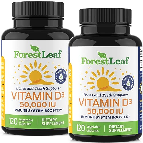 ForestLeaf - Vitamin D3 50,000 IU Weekly Supplement - 120 Vegetable Vitamin D Capsules for Bones, Teeth, and Immune Support (2 Pack) - Easy Swallow Pure Vitamin D3 Caps - Non GMO Pills