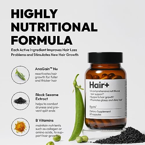 BigVita Hair+ | Vegan Gluten Free Dietary Hair Care Supplements Women and Men, Vitamins for Healthy Natural Faster Hair Growth, Thickness, Gloss, AnaGain™ Nu, Black Sesame, B Vitamins, 60 Capsules