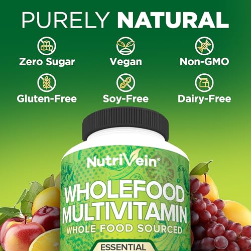 Nutrivein Whole Food Multivitamin - Complete Daily Vitamins for Men and Women from Natural Whole Foods, Real Raw Veggies, Fruits, Vitamin E, A, B Complex - 30 Day Supply (120 Capsules, Four Daily)