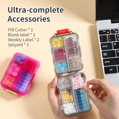 4 Pack Travel Pill Organizer Small Pill Case Pocket Pill Box Portable Medicine Organizer Box with Lables and Pill Cutter (Multi-Color)