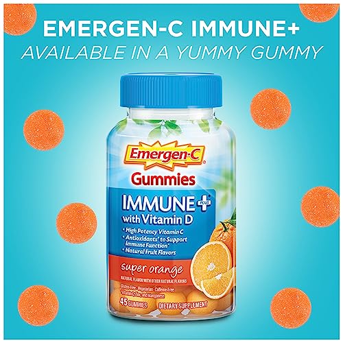 Emergen-C Immune+ Immune Gummies, Vitamin D plus 750 mg Vitamin C, Immune Support Dietary Supplement, Caffeine Free, Gluten Free, Super Orange Flavor - 45 Count