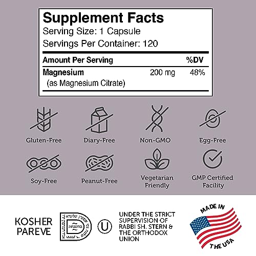 Zahler - Magnesium Supplement Capsules 200 mg (120 Count) Certified Kosher Bioactive Magnesium Citrate for Max Absorption - Natural Magnesium Mineral for Men & Women - Best Magnesium Supplements