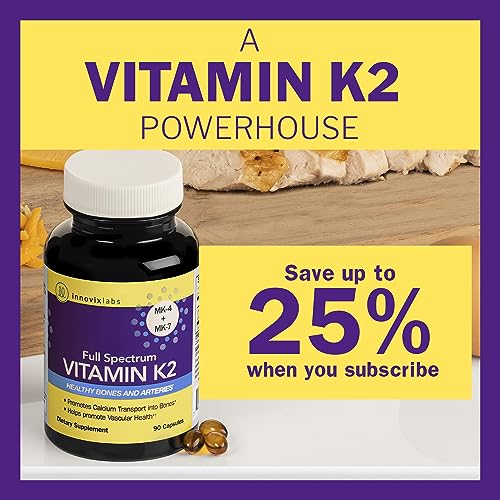 InnovixLabs Full Spectrum Vitamin K2 with MK-7 and MK-4, All-Trans Bioactive K2, 600 mcg K2 per Pill, Soy & Gluten Free, Non-GMO, 90 Capsules, Supports Healthy Bones & Arteries