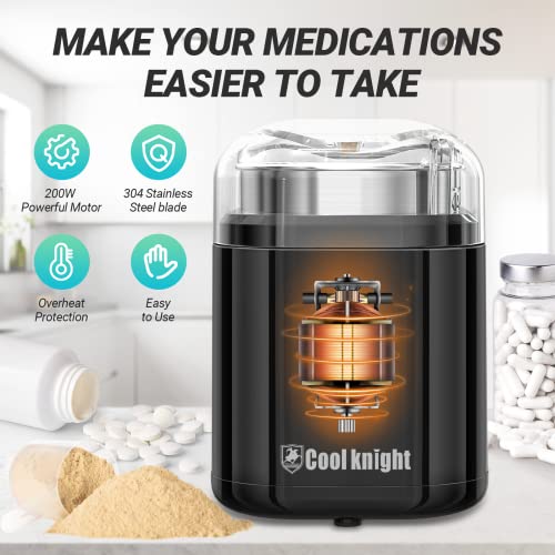 COOL KNIGHT Electric Pill Crusher, 200W Pill Grinder Suitable for Grinding and Crushing Various Pills, Small or Large Medicines and Vitamin Tablets to Fine Powder (Black)