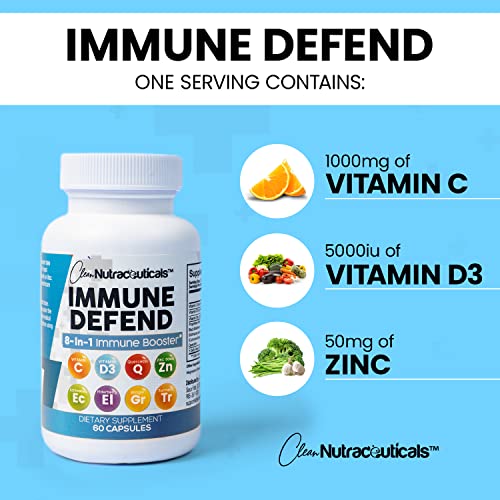 Immune Defense Support Supplement 8 in 1 w/Zinc 50mg Quercetin, VIT C 1000mg, Vitamin D3 5000 IU, Elderberry, Turmeric Curcumin, Ginger, Echinacea - Immunity System Booster Adults Vegan - 60Ct (USA)