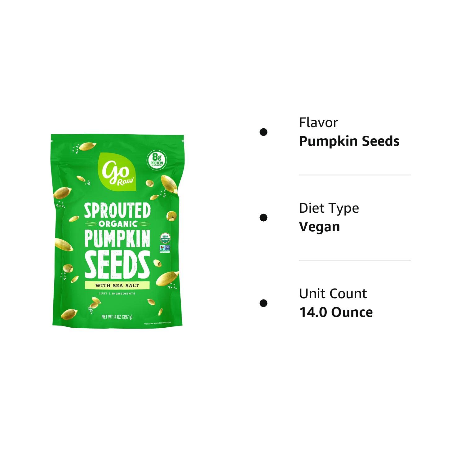 Go Raw Pumpkin Seeds with Sea Salt, Sprouted & Organic, 14 oz. Bag | Keto | Vegan | Gluten Free Snacks | Superfood