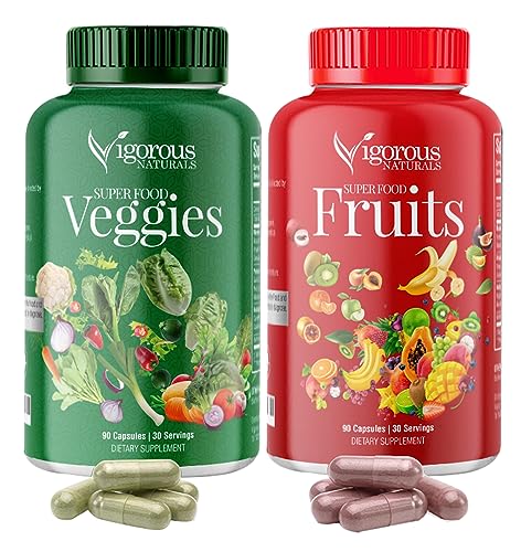 Vigorous Naturals Fruits and Veggies Supplement - Whole Produce Fruit and Vegetable Supplement Dietary Superfood Vitamins for Men, Women - Fruit and Veggie Supplements with 90 Capsules, (2 pack)