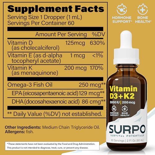 SURPO Vitamin D3 + K2 Liquid Drops with Omega 3 Oil - 5000 IU Vitamin D Drops K2 for Hormone Support & Bone Health - Liquid Vitamin D3 with K2 Drops for Maximum Absorption - 2Fl Oz Vitamin K2 D3