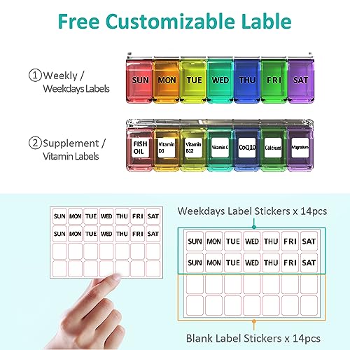 Fullicon Weekly Pill Organizer 7 Day Quick Fill & Spill Proof Designed Large Pill Box with Free Labels Travel Medicine Organizer for Medicine, Vitamin, Fish Oil, Supplement (Rainbow Black Patet)