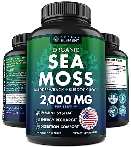 Organic Sea Moss Capsules - Burdock Root, Irish Moss and Bladderwrack Capsules - Immune System, Gut Cleanse & Thyroid Supplement - 120 Pills with All-Natural Sea Moss Powder