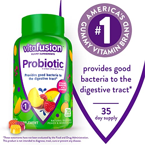 Vitafusion Probiotic Gummy Supplements, Raspberry, Peach and Mango Flavors, Probiotic Nutritional Supplements with 5 Billion CFUs, America’s Number 1 Gummy Vitamin Brand, 35 Day Supply, 70 Count