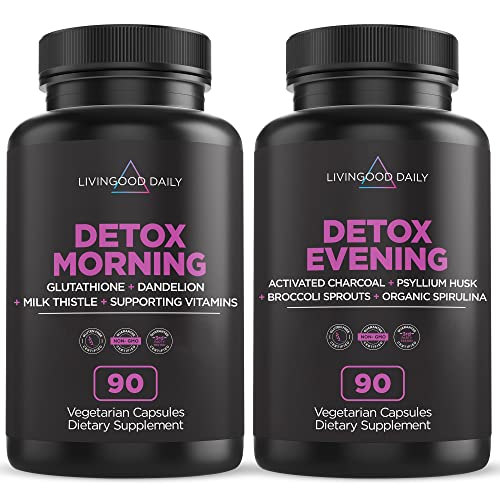 Livingood Daily Detox Pills - Full Body Detox Cleanse for Women & Men with Milk Thistle, Glutathione, Psyllium Husk - Kidney, Skin, Gut, Lung, Liver and Colon Cleanse & Repair, 90 Capsules per Bottle